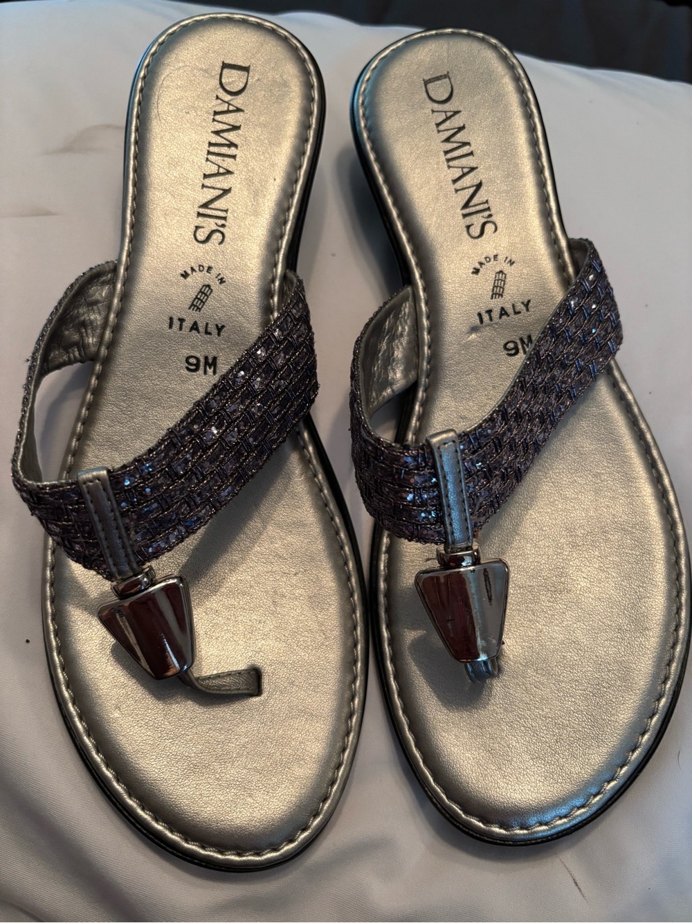 Damianis Silver Metallic Embellished Thong Sandals
